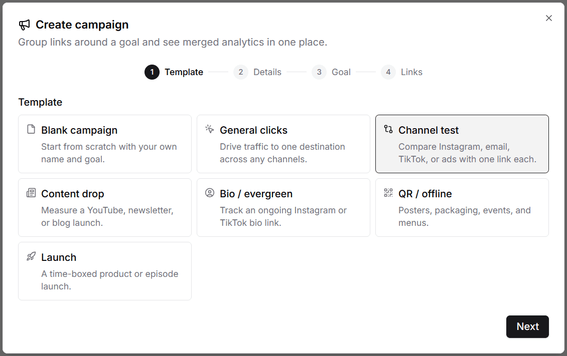 Create campaign dialog showing the Channel test template selected