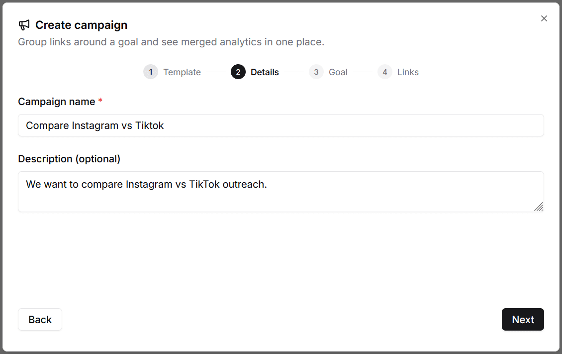 Campaign details step with name and description fields