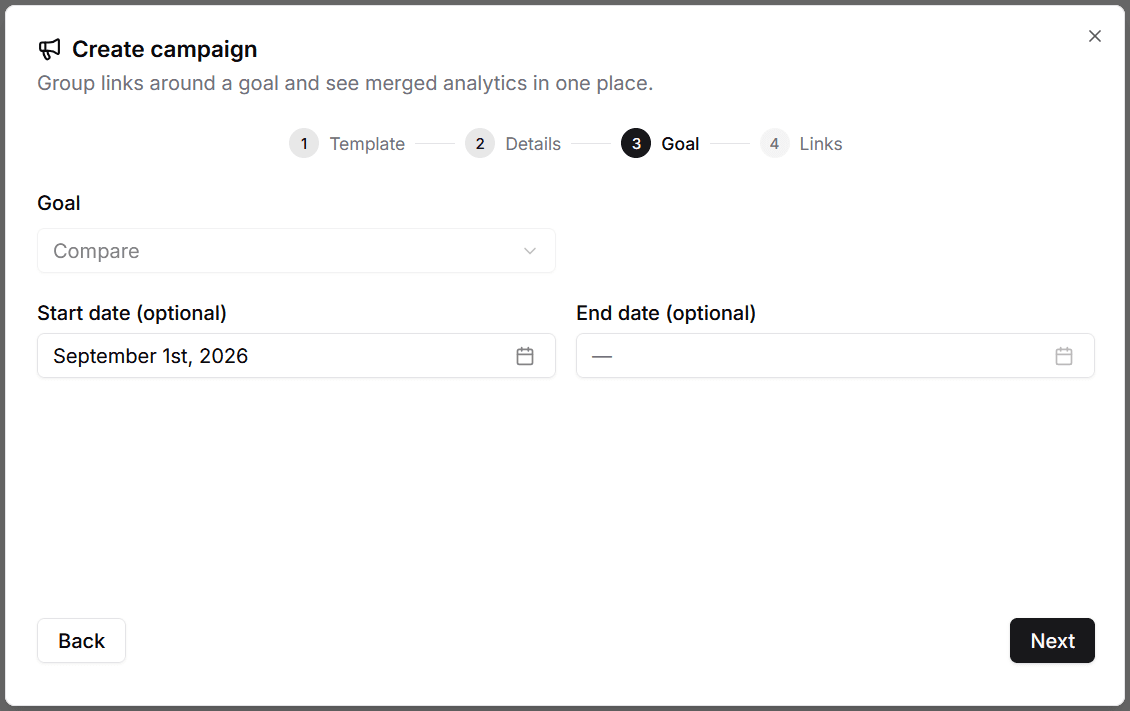 Campaign goal step with Compare selected