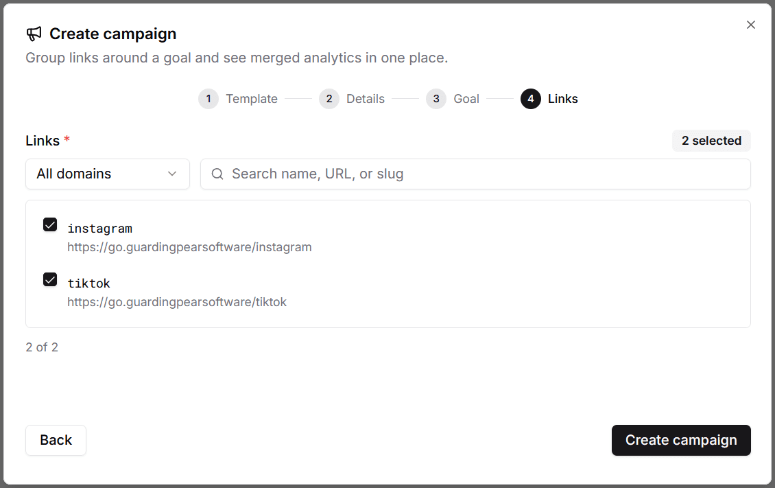 Campaign links step with domain filter, search, and selectable short links