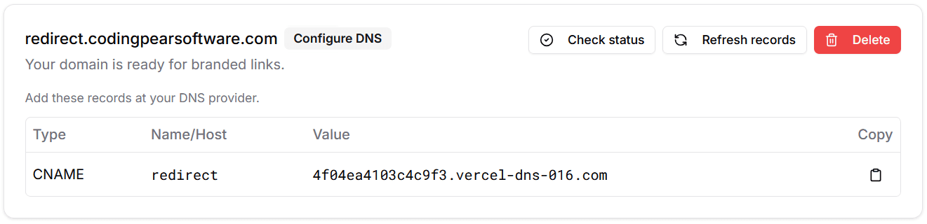 Custom domain verification screen showing a CNAME record