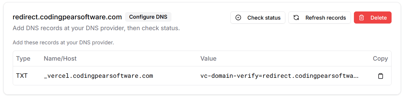 Custom domain verification screen showing a TXT record