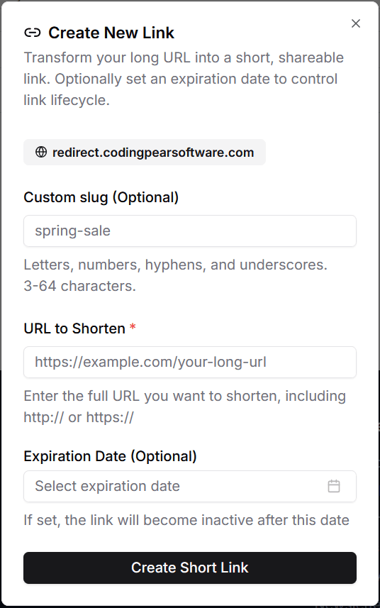 Create new link dialog showing a selected custom domain and custom slug field