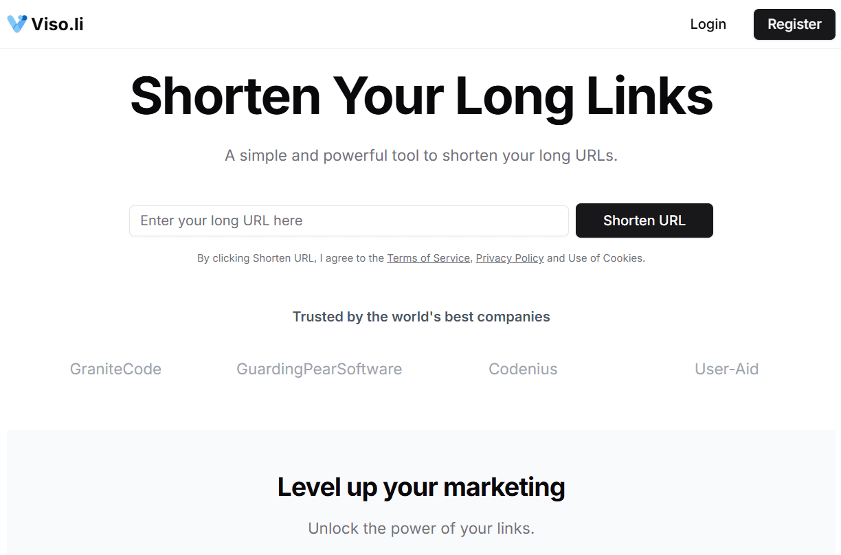 Viso.li landing page with the hero section and Register button