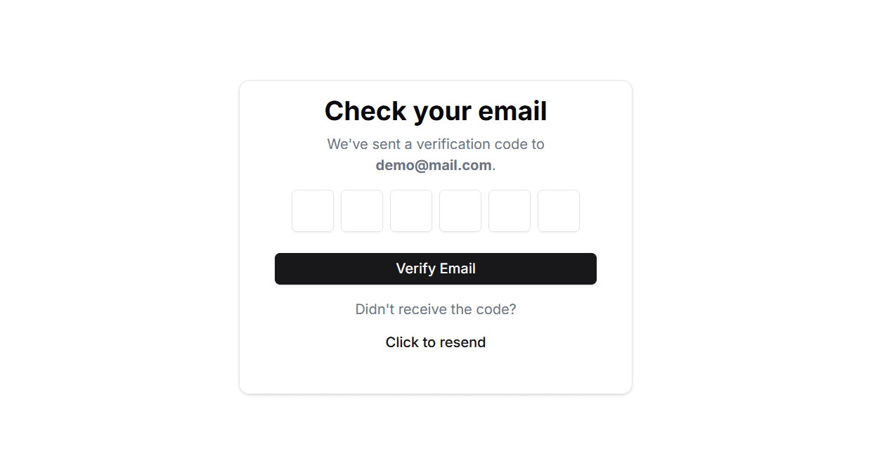 Verification screen with six digit code input fields