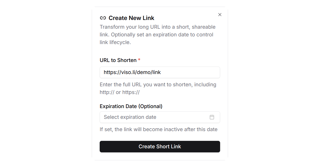 Create New Link dialog with URL field and optional expiration date picker
