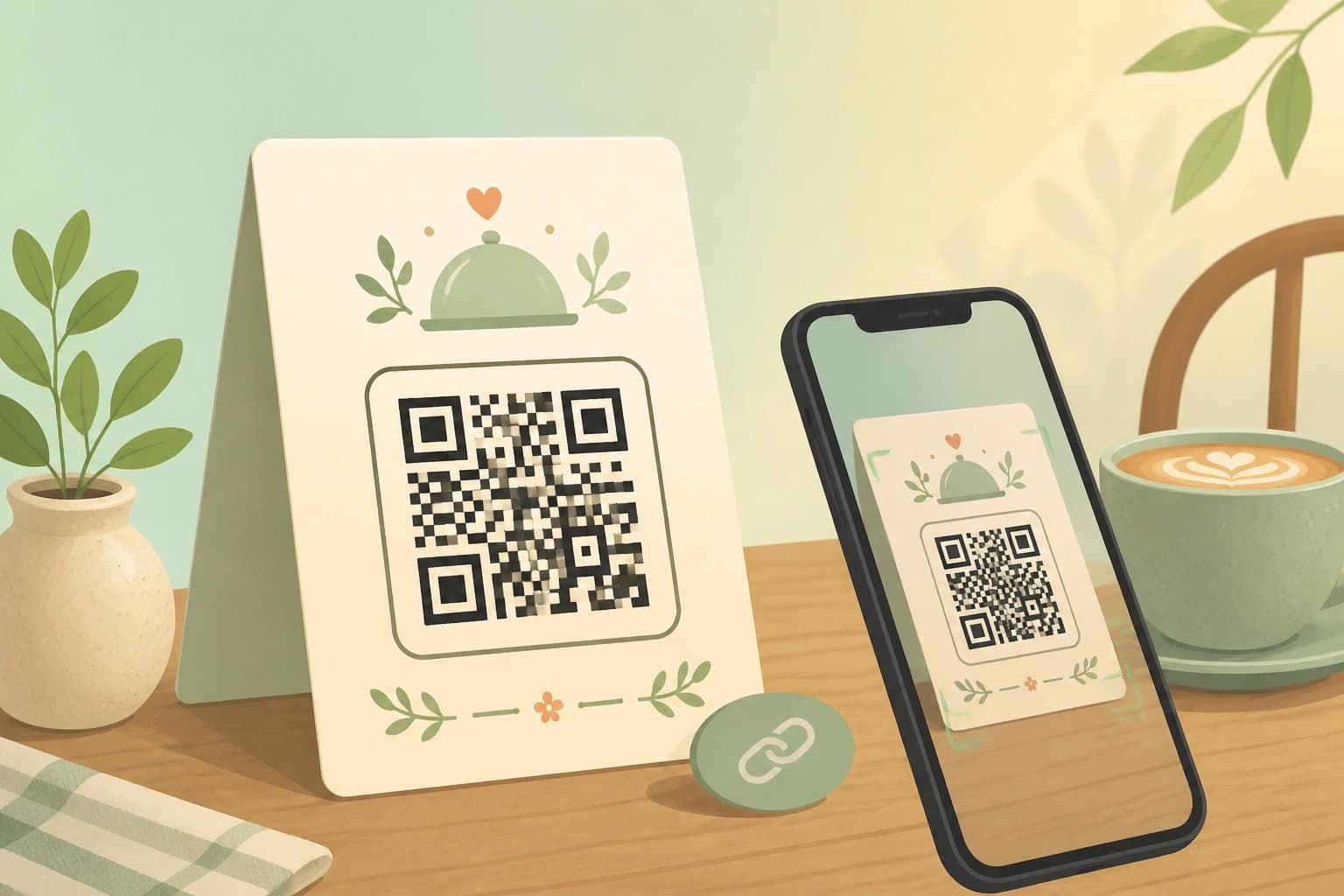 Restaurant table tent with a QR code linked to a short menu URL