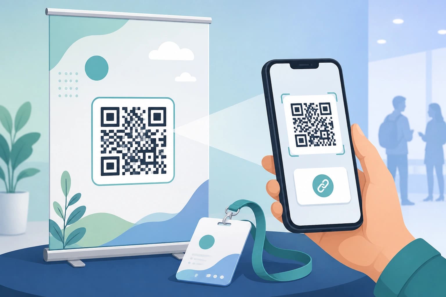 Conference booth banner with a QR code for a demo short link