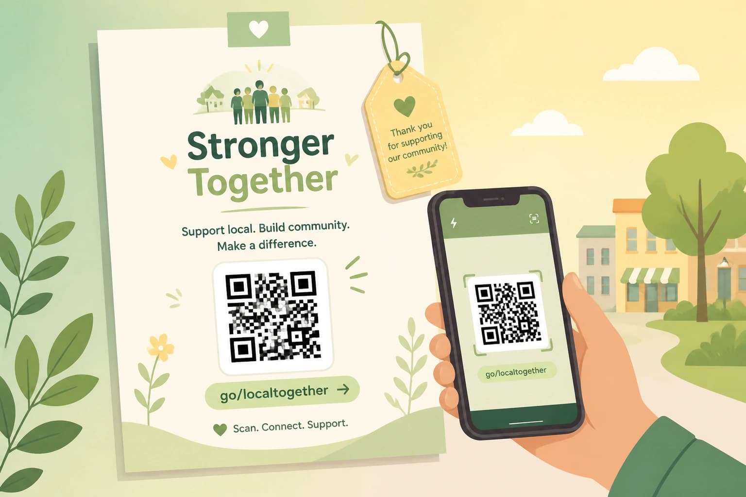 Local flyer with a QR code and readable short link