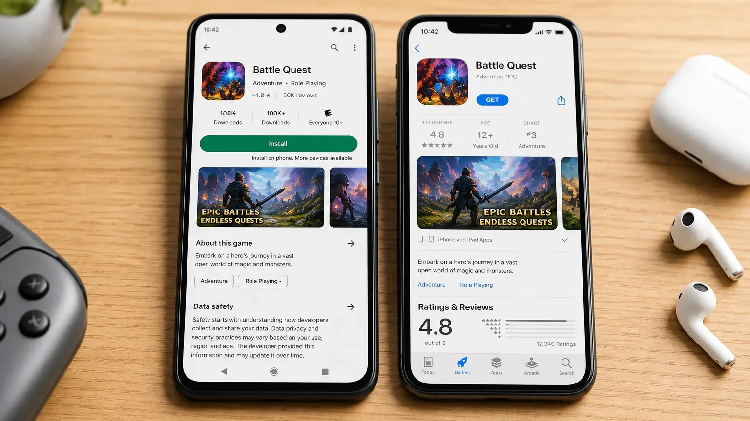 Phones showing Google Play and App Store pages for the same mobile game