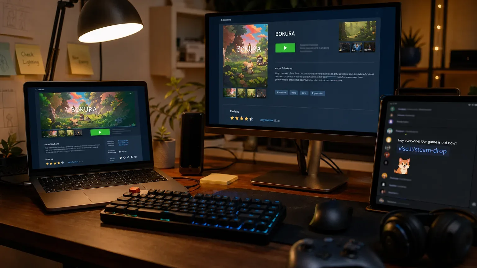 Game launch desk with Steam and Epic store pages open beside Discord