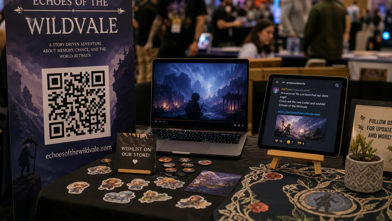 Convention booth QR code next to a trailer and Discord store link