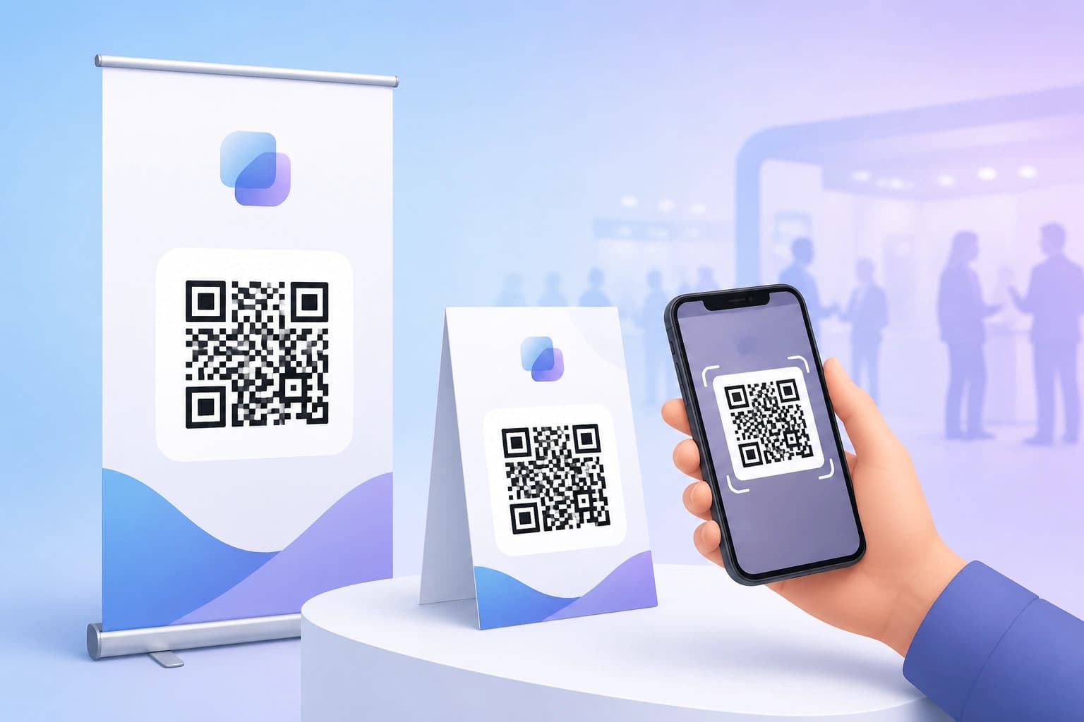 Conference booth materials with a QR code for a demo short link